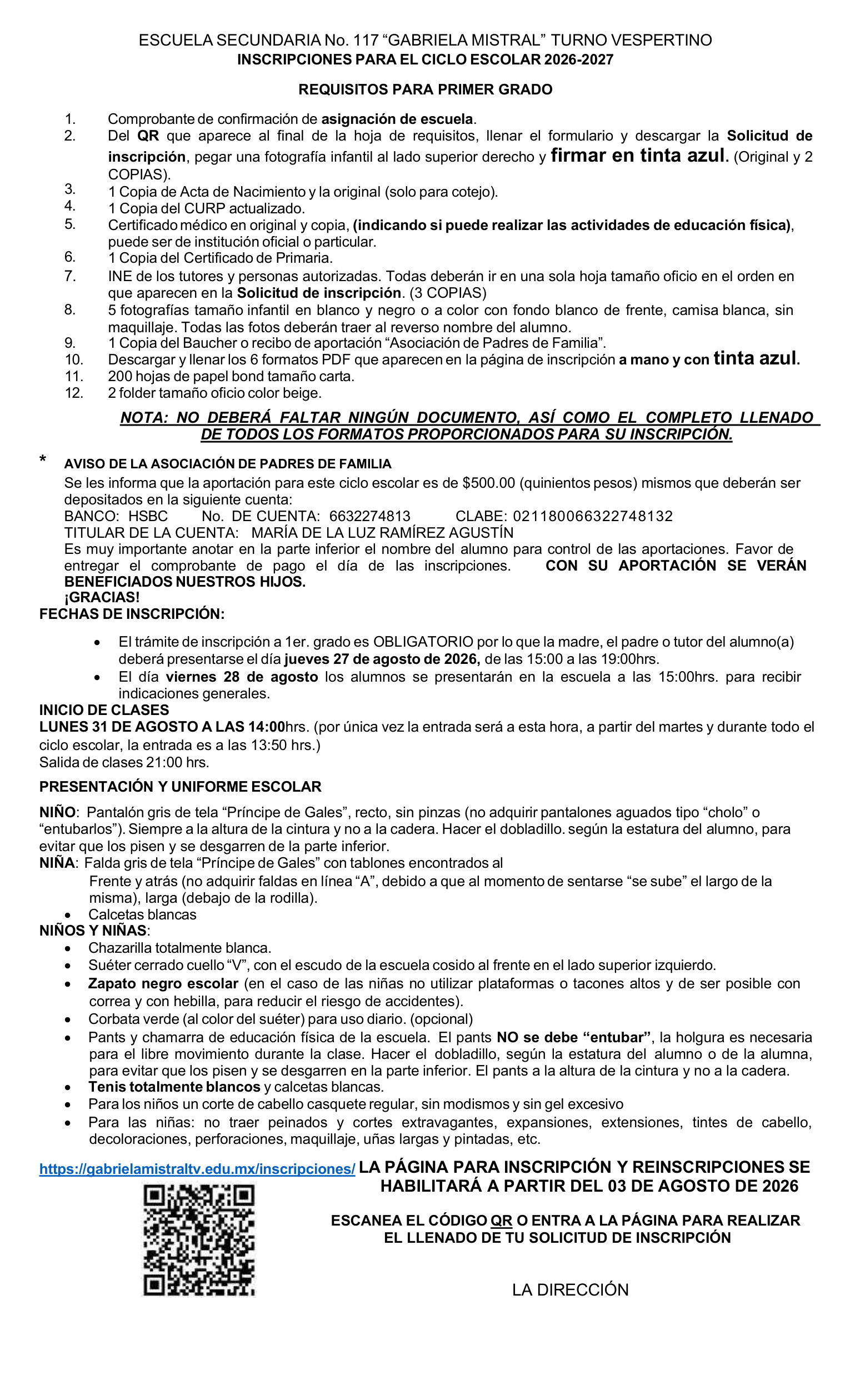 Requisitos para Inscripción a 1er. grado